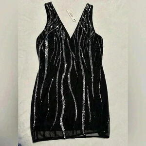 NWT Ark & Co Black-Silver Sequin Short Dress Back Zip V-neck  Size L